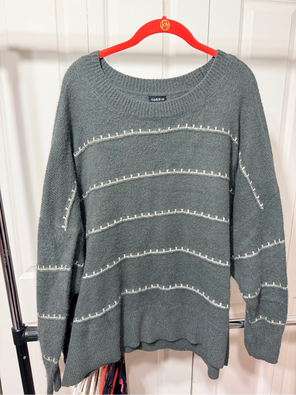 torrid muted green crewneck sweater with cream stitch stripes